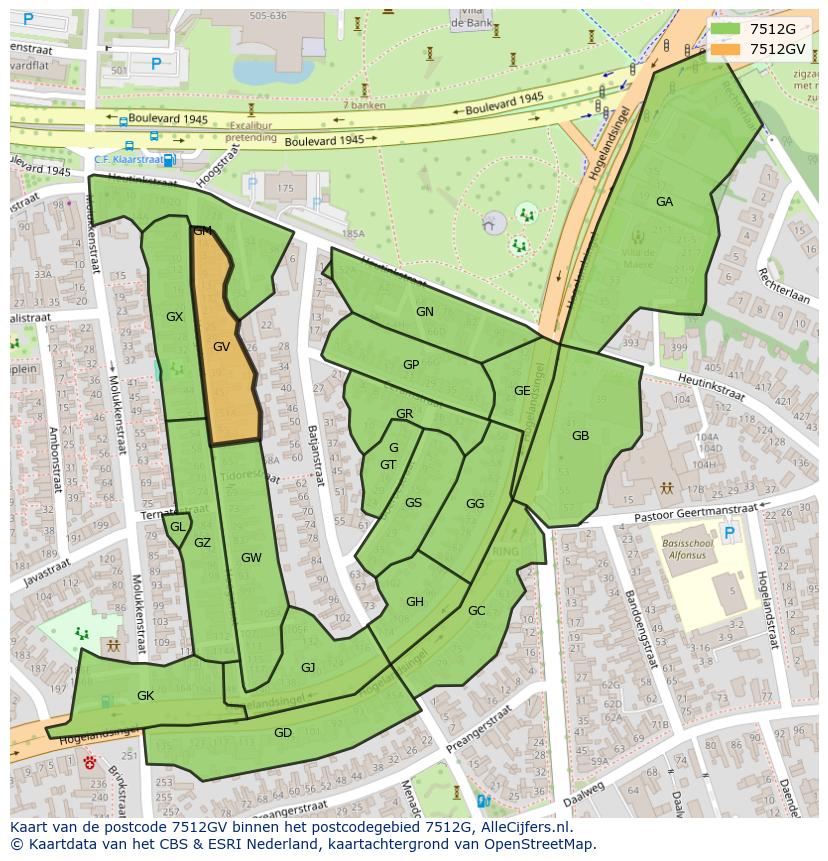 Afbeelding van het postcodegebied 7512 GV op de kaart.