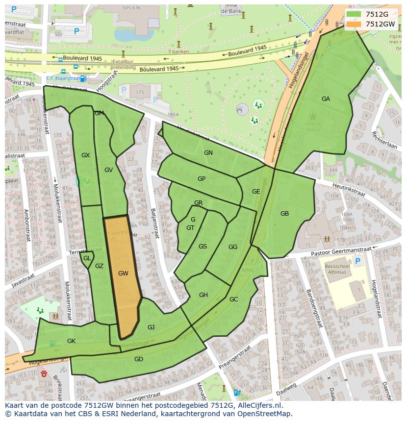 Afbeelding van het postcodegebied 7512 GW op de kaart.