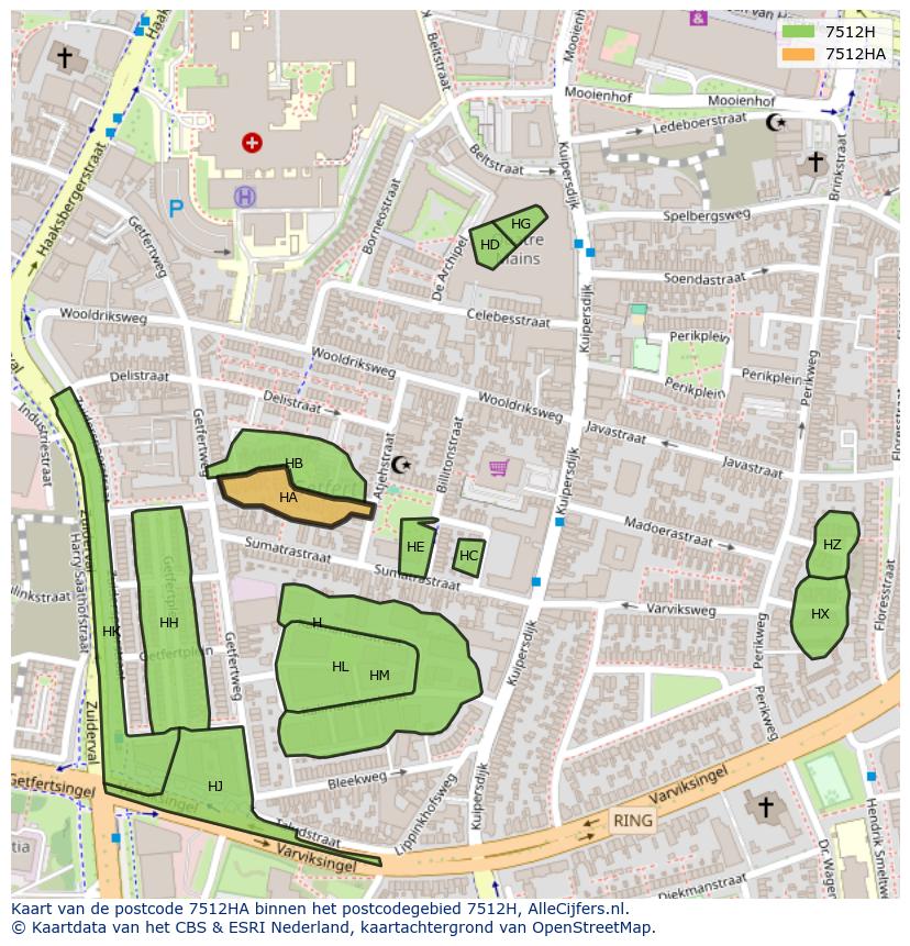 Afbeelding van het postcodegebied 7512 HA op de kaart.