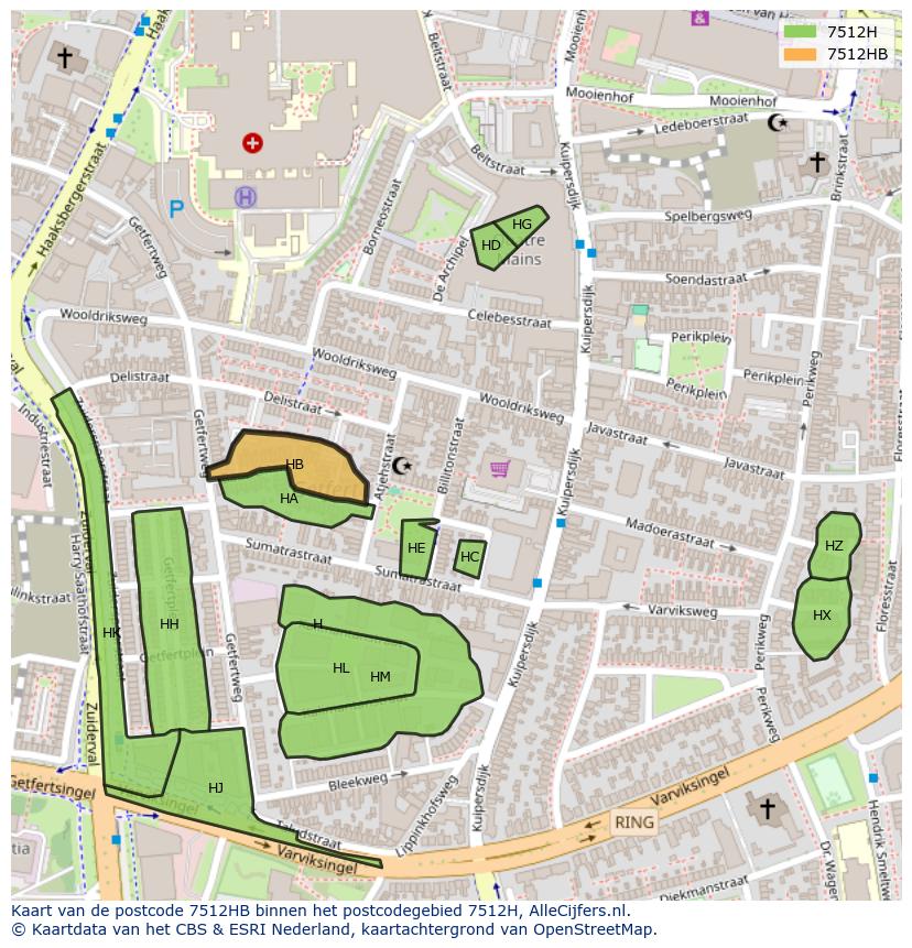 Afbeelding van het postcodegebied 7512 HB op de kaart.