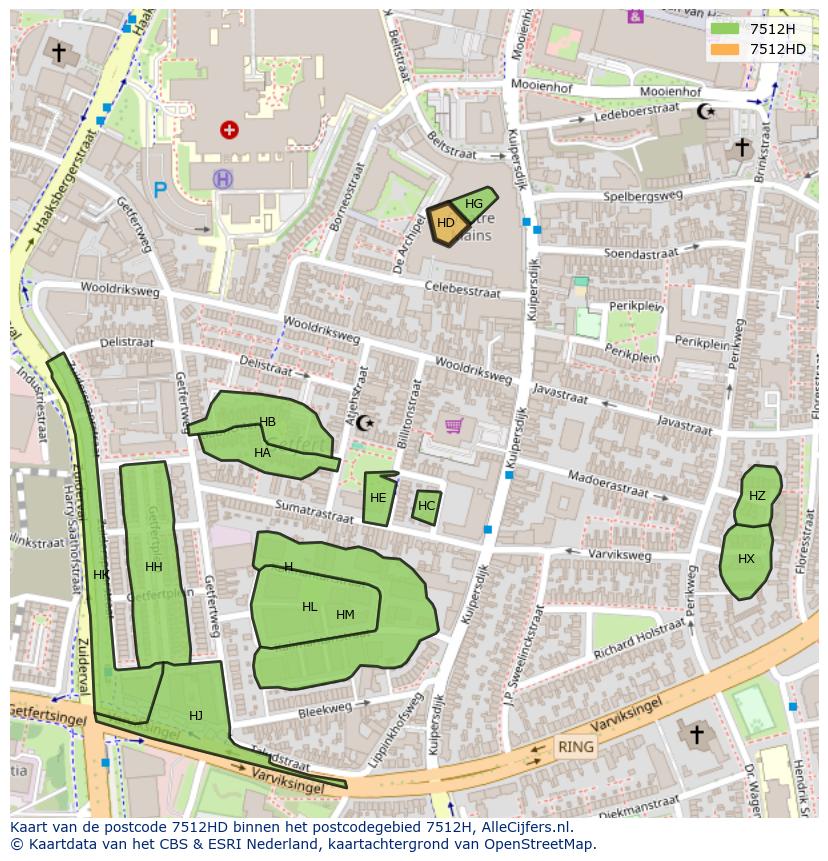 Afbeelding van het postcodegebied 7512 HD op de kaart.