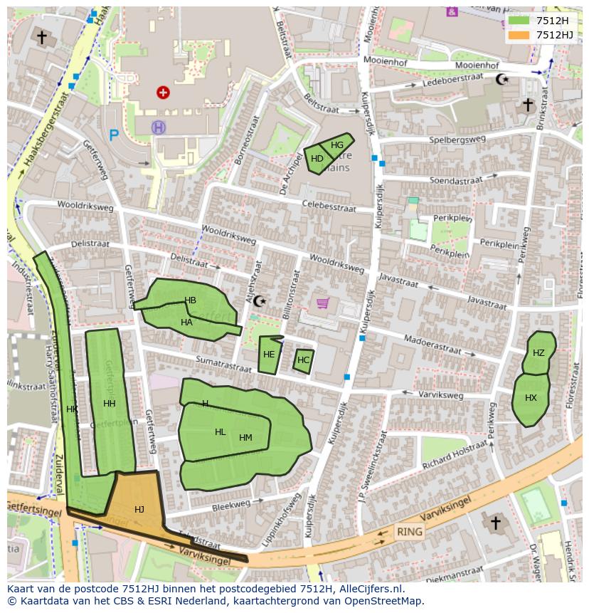 Afbeelding van het postcodegebied 7512 HJ op de kaart.