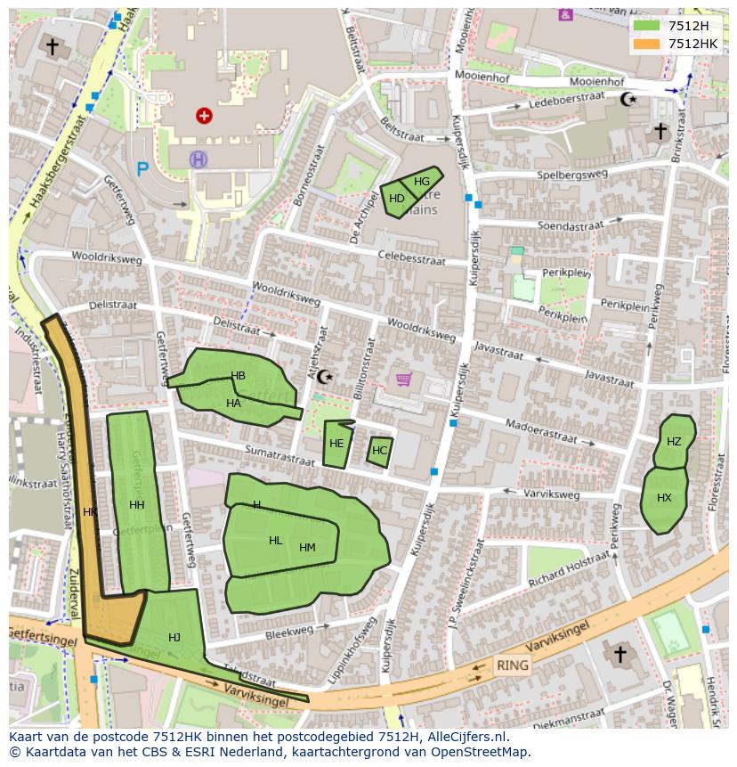 Afbeelding van het postcodegebied 7512 HK op de kaart.