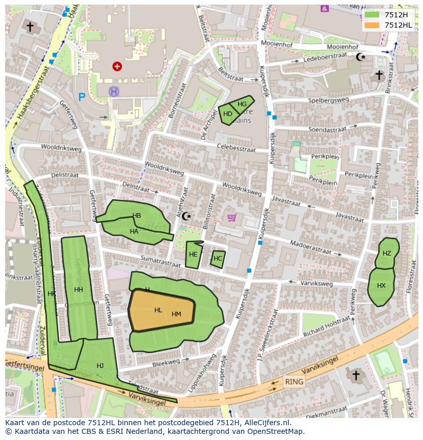 Afbeelding van het postcodegebied 7512 HL op de kaart.