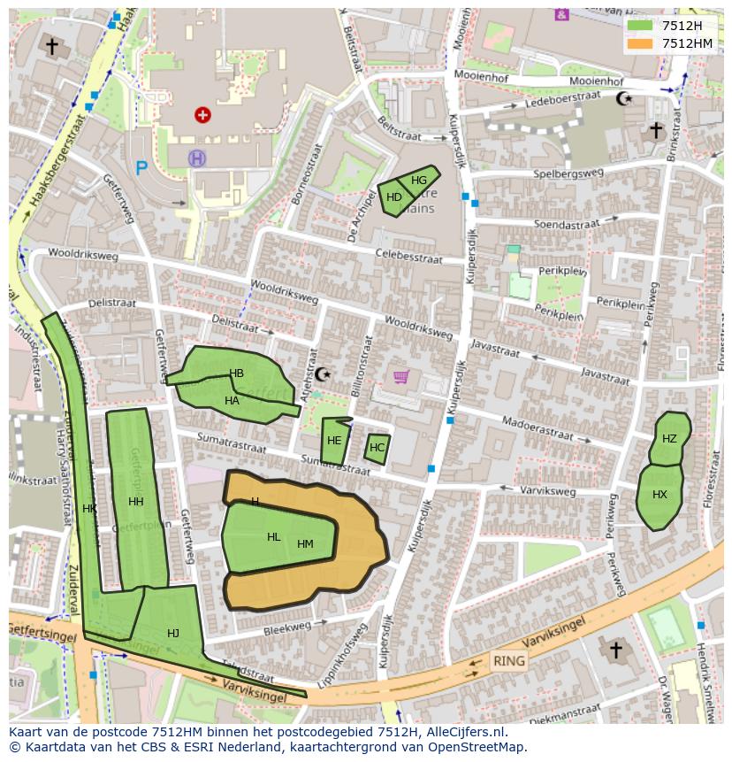 Afbeelding van het postcodegebied 7512 HM op de kaart.