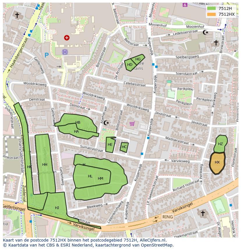 Afbeelding van het postcodegebied 7512 HX op de kaart.