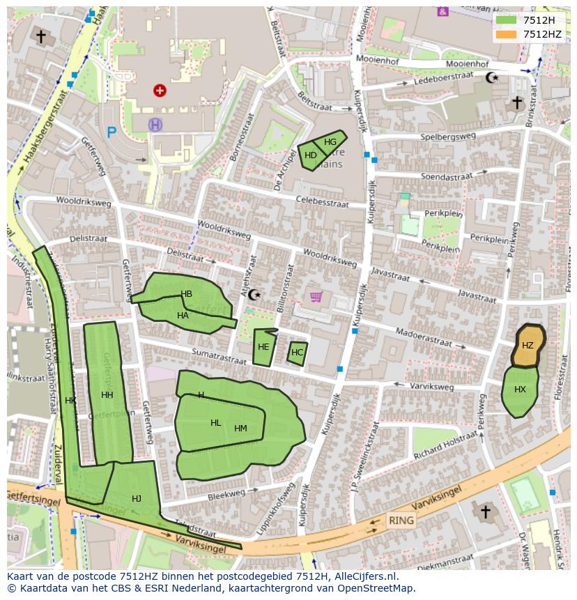 Afbeelding van het postcodegebied 7512 HZ op de kaart.
