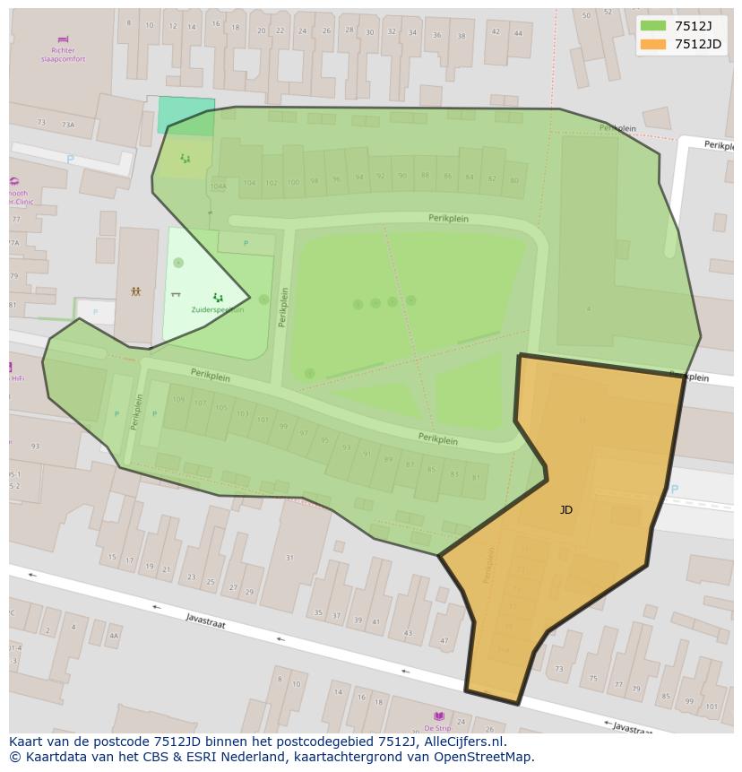 Afbeelding van het postcodegebied 7512 JD op de kaart.