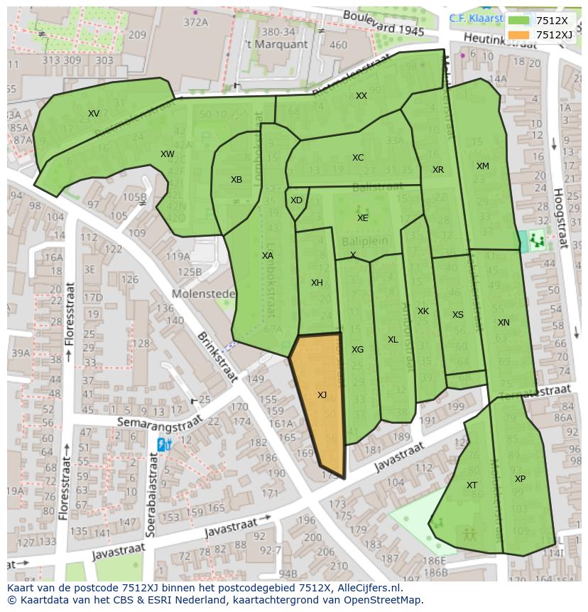 Afbeelding van het postcodegebied 7512 XJ op de kaart.