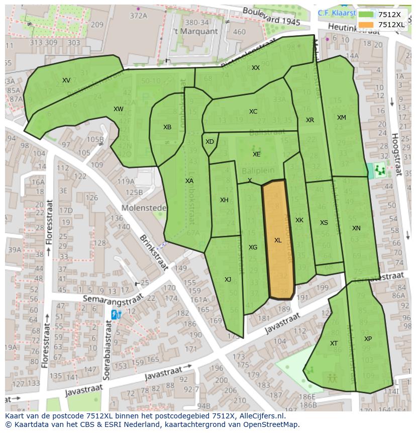 Afbeelding van het postcodegebied 7512 XL op de kaart.