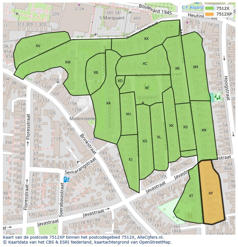 Afbeelding van het postcodegebied 7512 XP op de kaart.