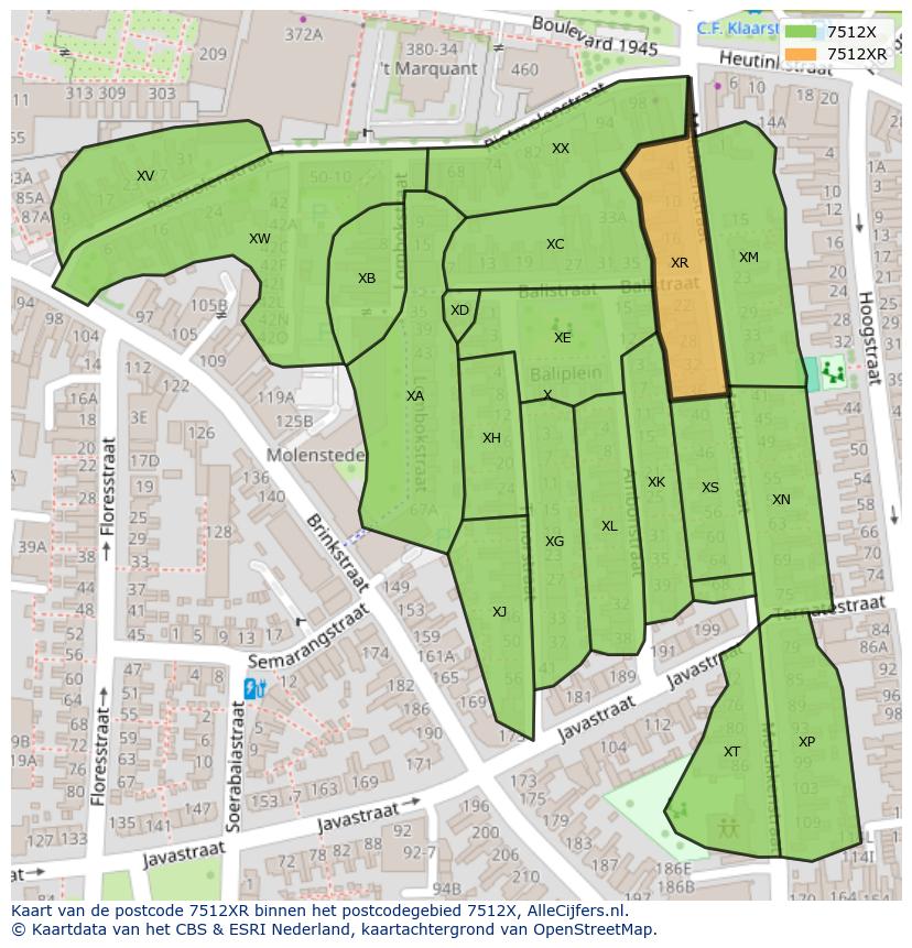 Afbeelding van het postcodegebied 7512 XR op de kaart.