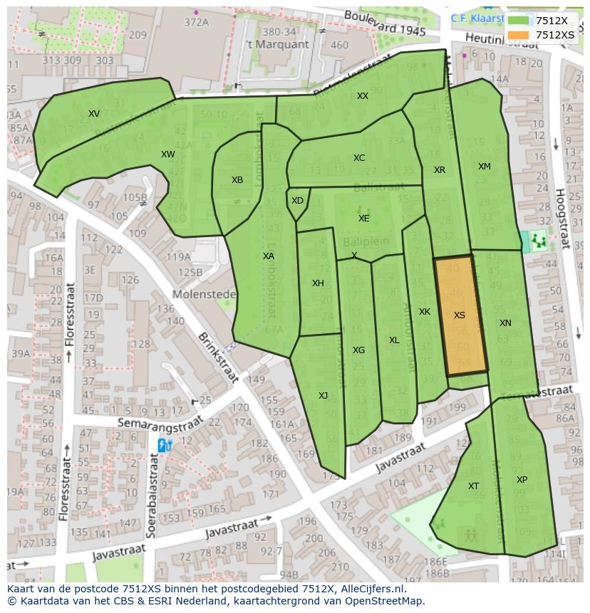 Afbeelding van het postcodegebied 7512 XS op de kaart.