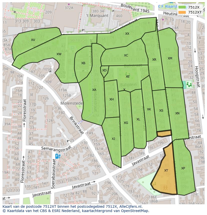 Afbeelding van het postcodegebied 7512 XT op de kaart.