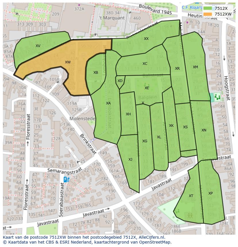 Afbeelding van het postcodegebied 7512 XW op de kaart.