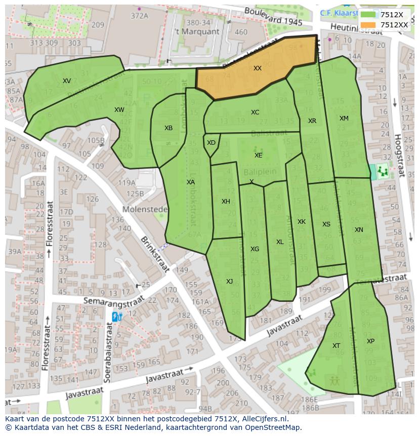Afbeelding van het postcodegebied 7512 XX op de kaart.