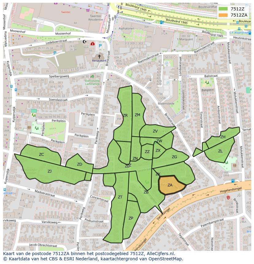 Afbeelding van het postcodegebied 7512 ZA op de kaart.