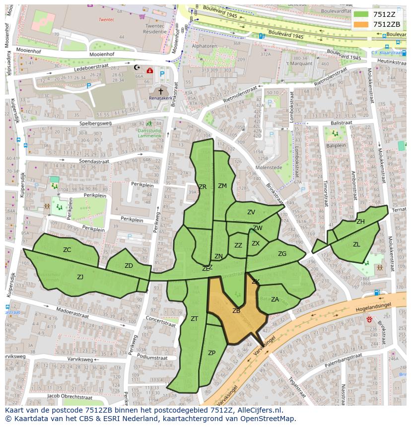 Afbeelding van het postcodegebied 7512 ZB op de kaart.