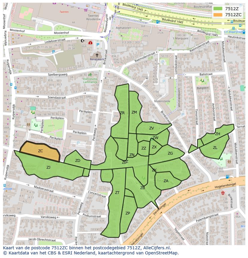 Afbeelding van het postcodegebied 7512 ZC op de kaart.