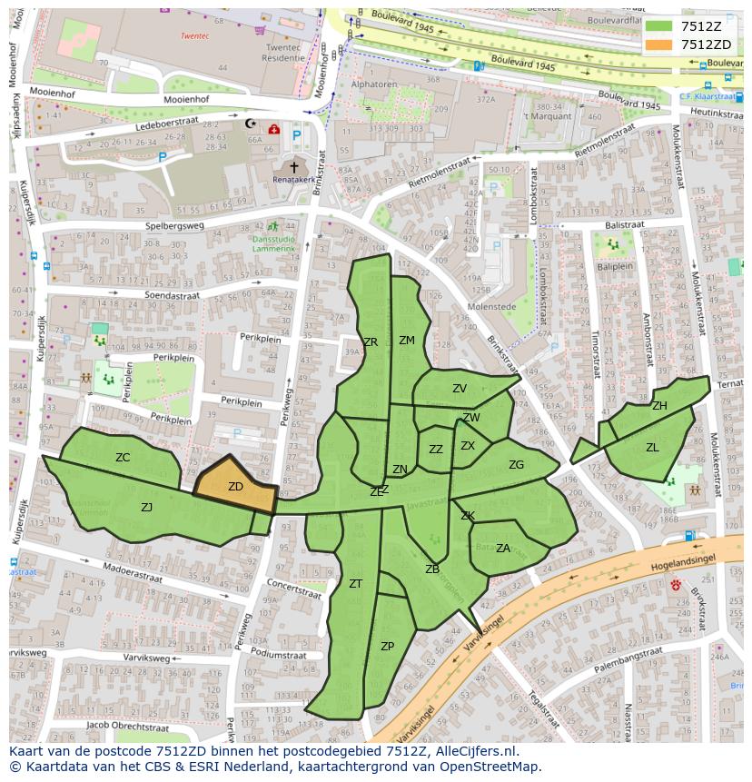 Afbeelding van het postcodegebied 7512 ZD op de kaart.