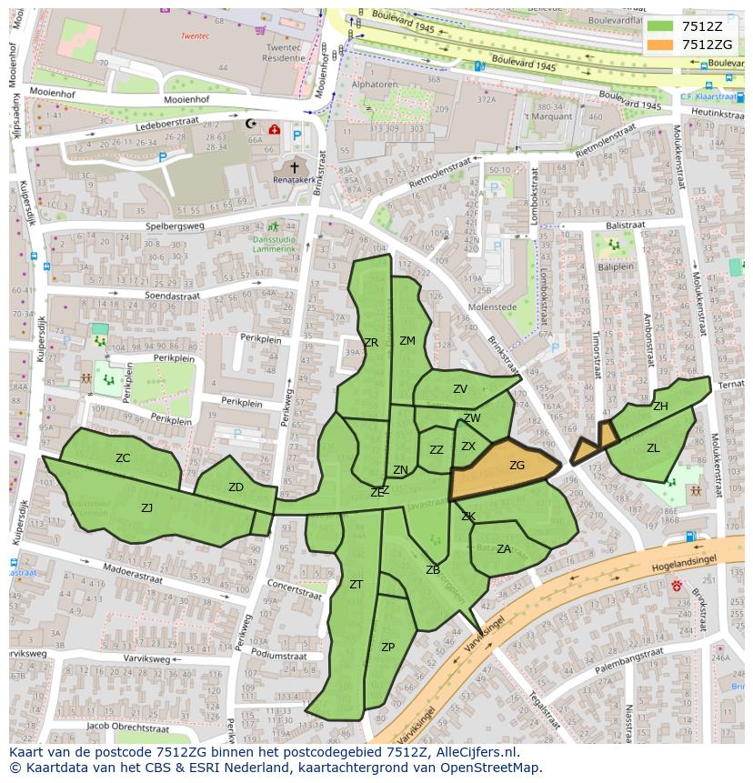 Afbeelding van het postcodegebied 7512 ZG op de kaart.