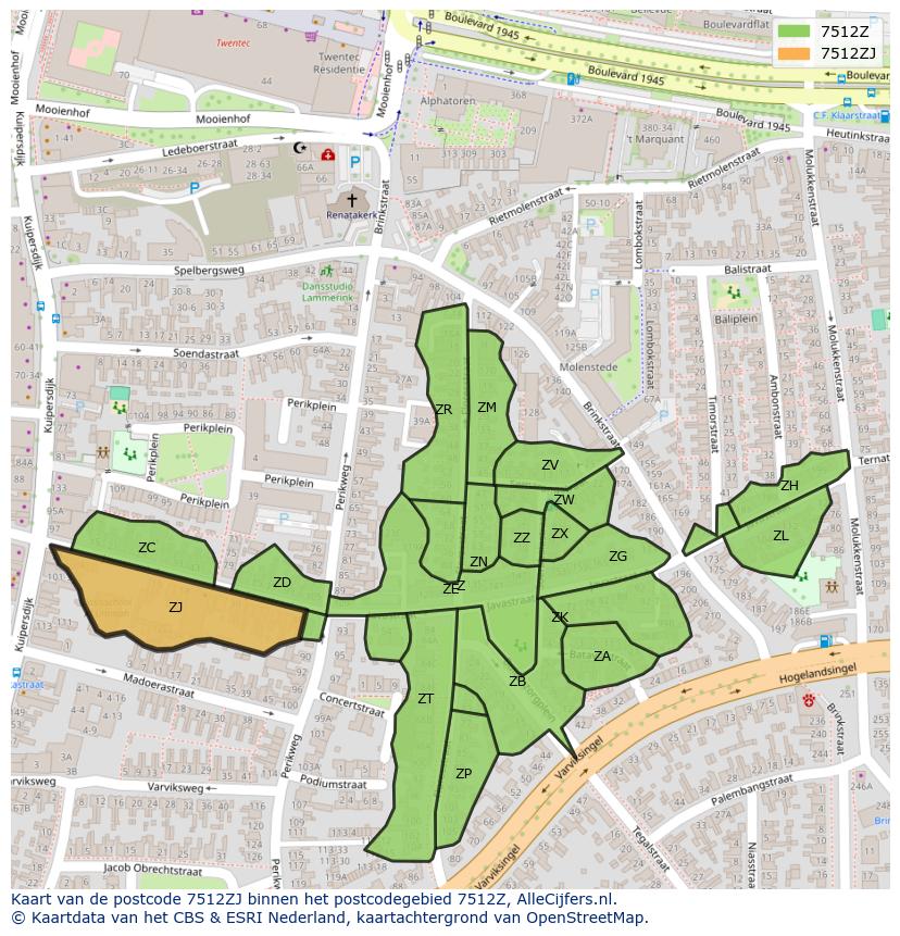 Afbeelding van het postcodegebied 7512 ZJ op de kaart.