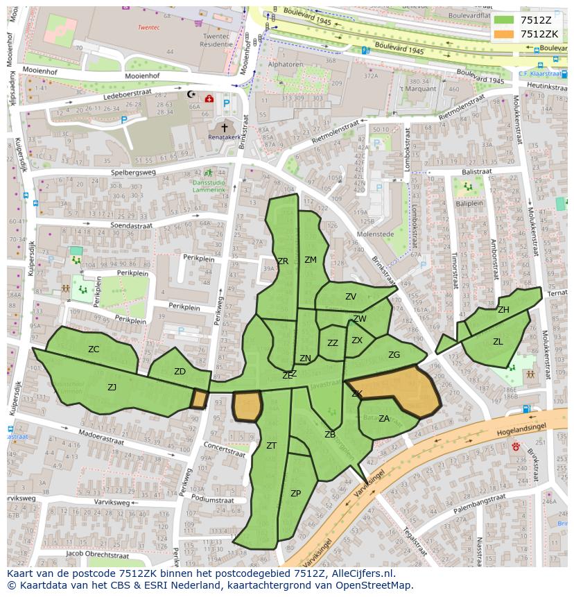 Afbeelding van het postcodegebied 7512 ZK op de kaart.
