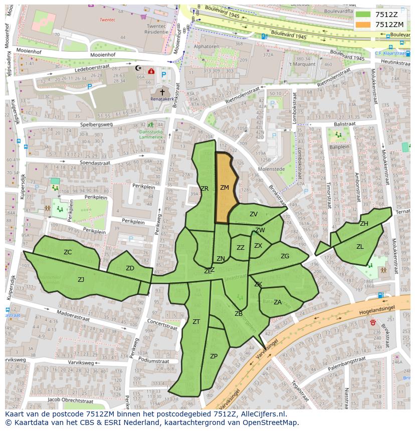 Afbeelding van het postcodegebied 7512 ZM op de kaart.