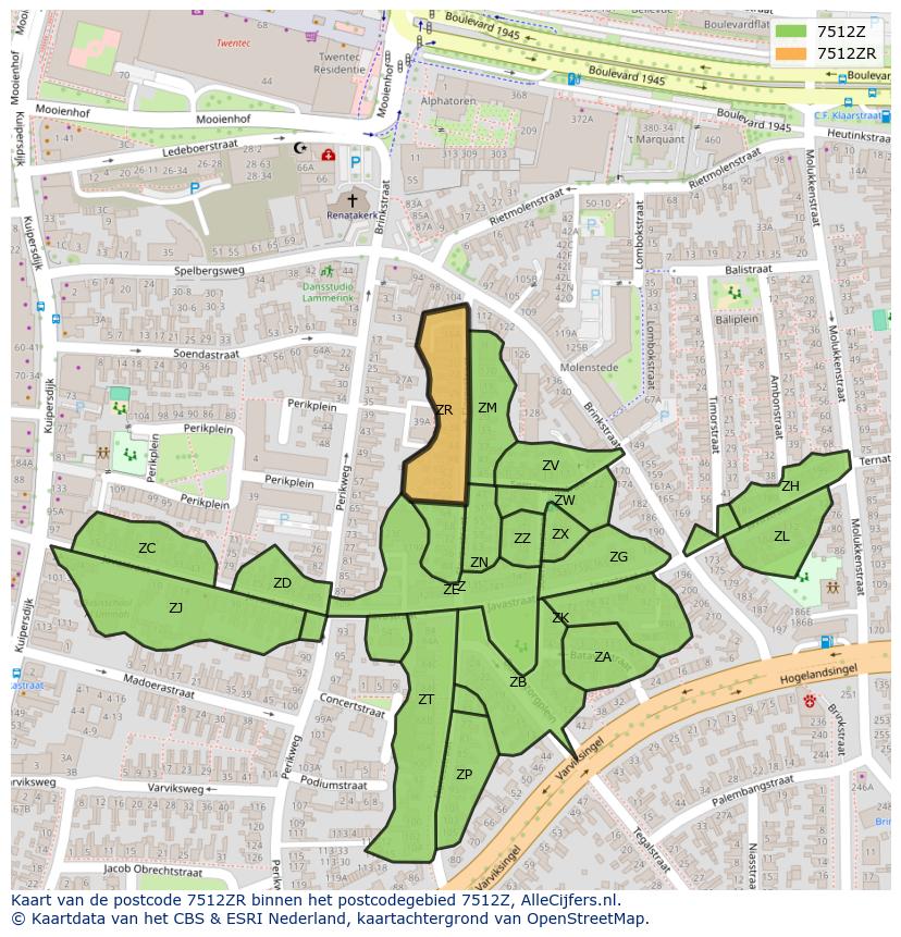 Afbeelding van het postcodegebied 7512 ZR op de kaart.