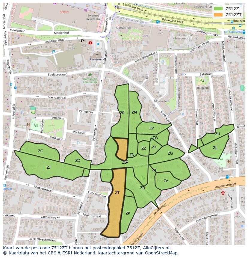 Afbeelding van het postcodegebied 7512 ZT op de kaart.