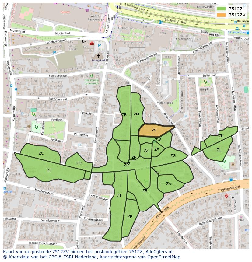 Afbeelding van het postcodegebied 7512 ZV op de kaart.