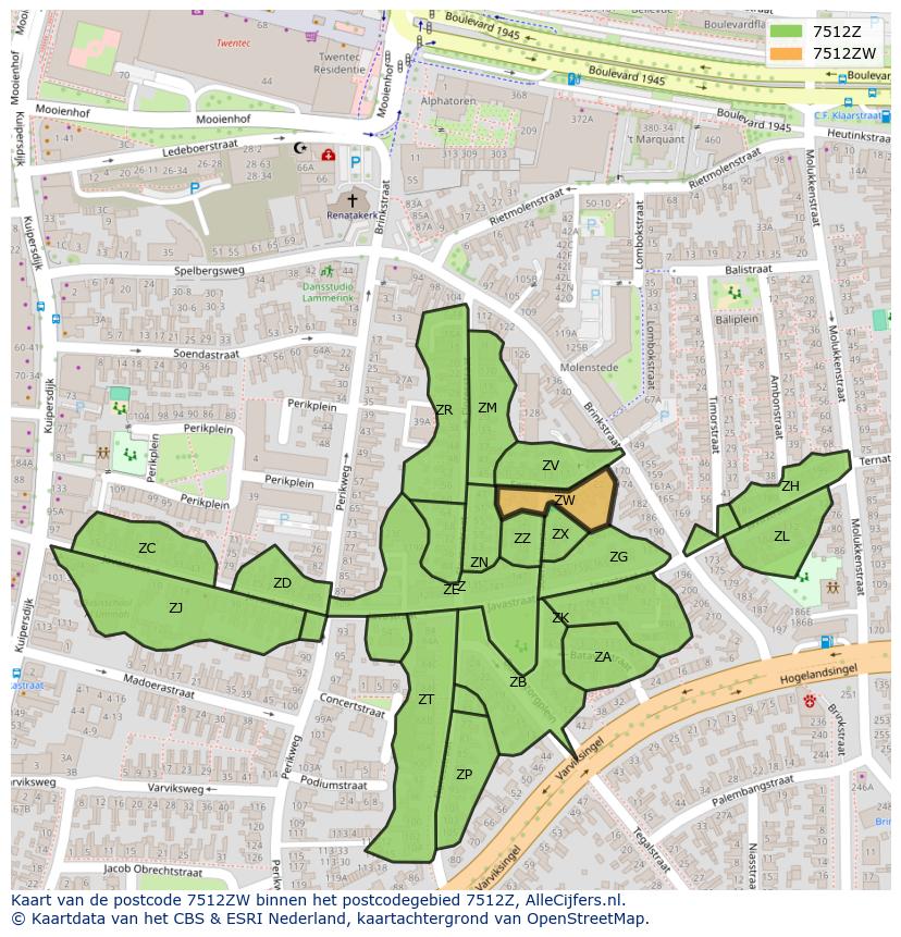 Afbeelding van het postcodegebied 7512 ZW op de kaart.