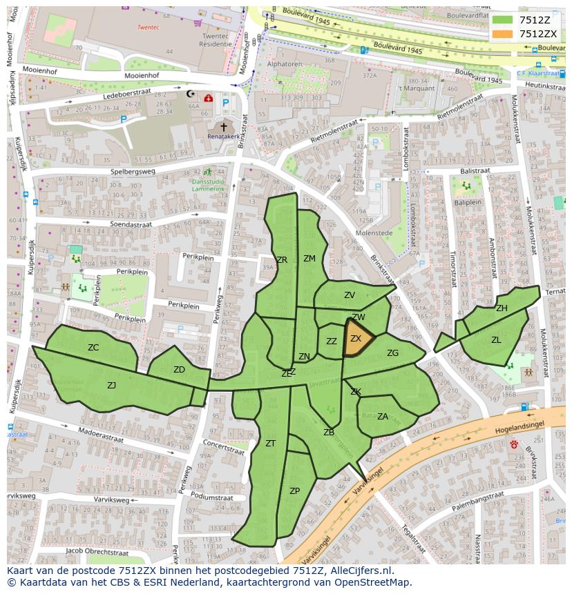 Afbeelding van het postcodegebied 7512 ZX op de kaart.
