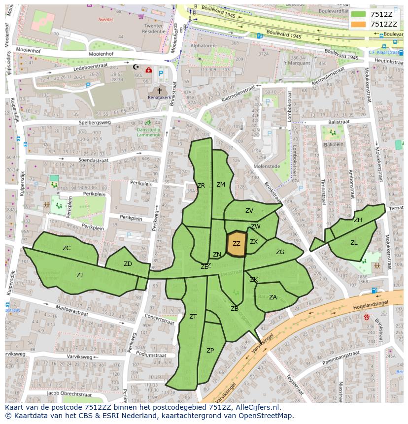 Afbeelding van het postcodegebied 7512 ZZ op de kaart.