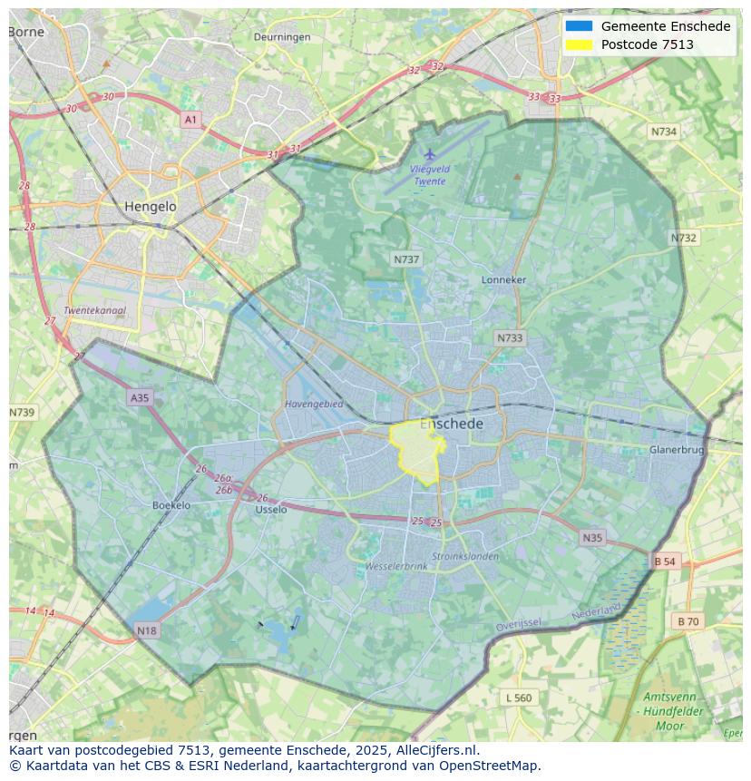 Afbeelding van het postcodegebied 7513 op de kaart.