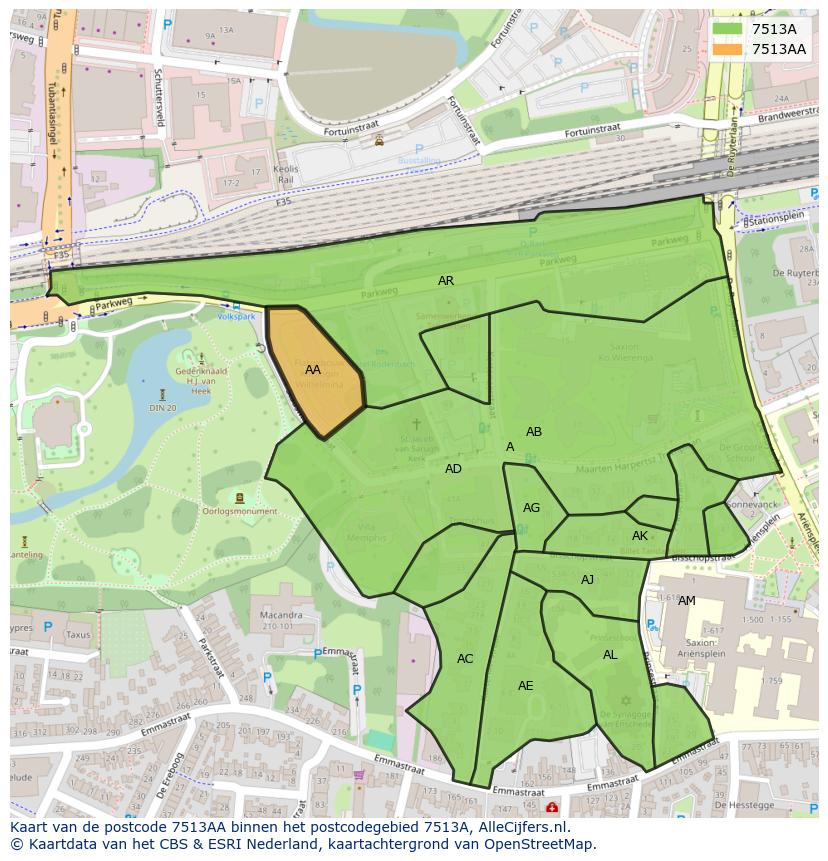 Afbeelding van het postcodegebied 7513 AA op de kaart.