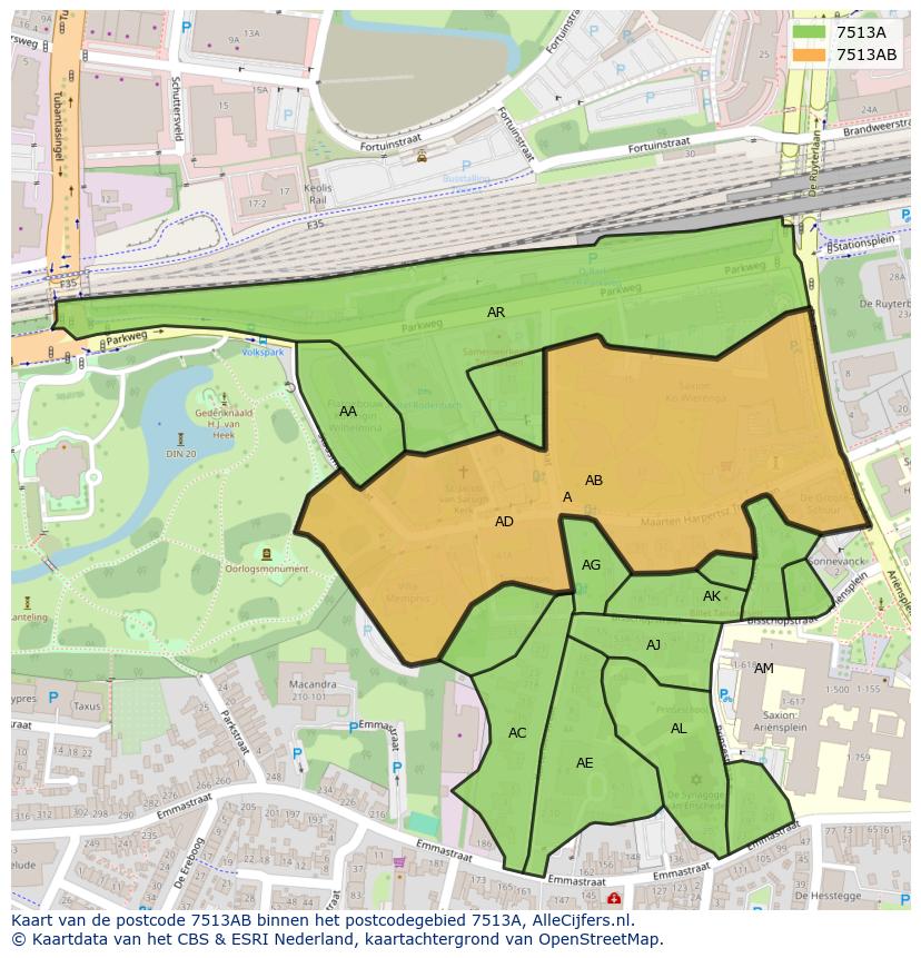 Afbeelding van het postcodegebied 7513 AB op de kaart.