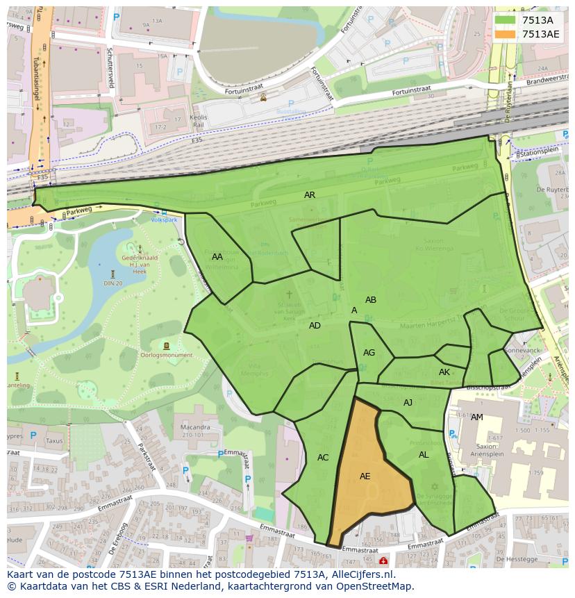 Afbeelding van het postcodegebied 7513 AE op de kaart.