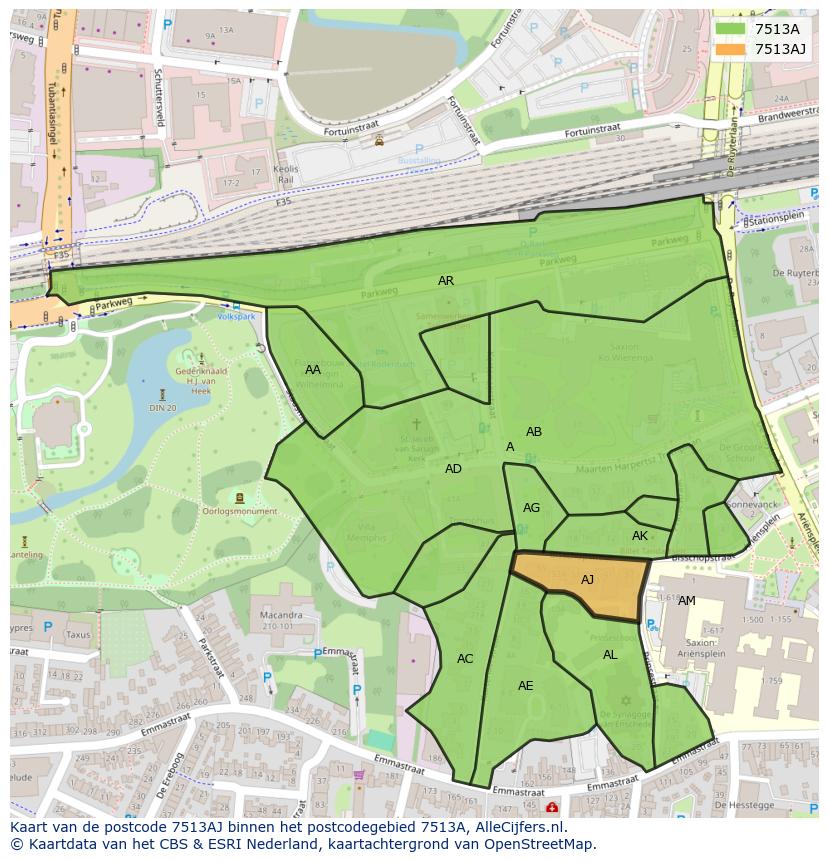 Afbeelding van het postcodegebied 7513 AJ op de kaart.