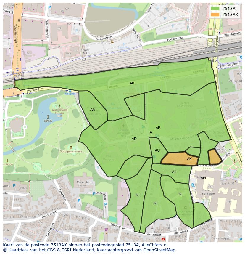 Afbeelding van het postcodegebied 7513 AK op de kaart.