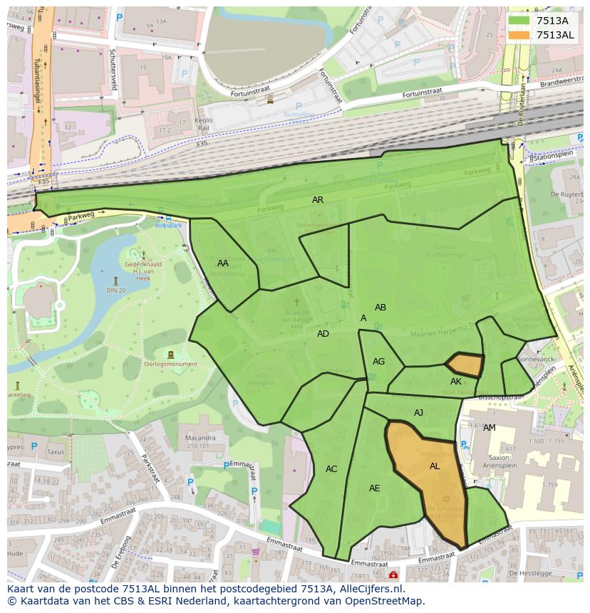Afbeelding van het postcodegebied 7513 AL op de kaart.