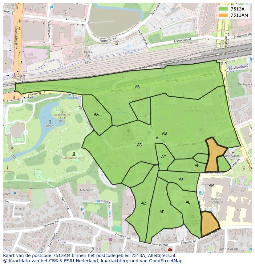 Afbeelding van het postcodegebied 7513 AM op de kaart.