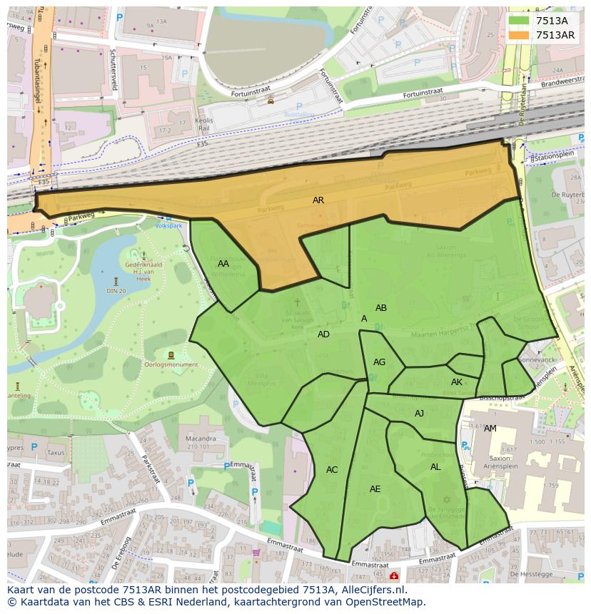 Afbeelding van het postcodegebied 7513 AR op de kaart.
