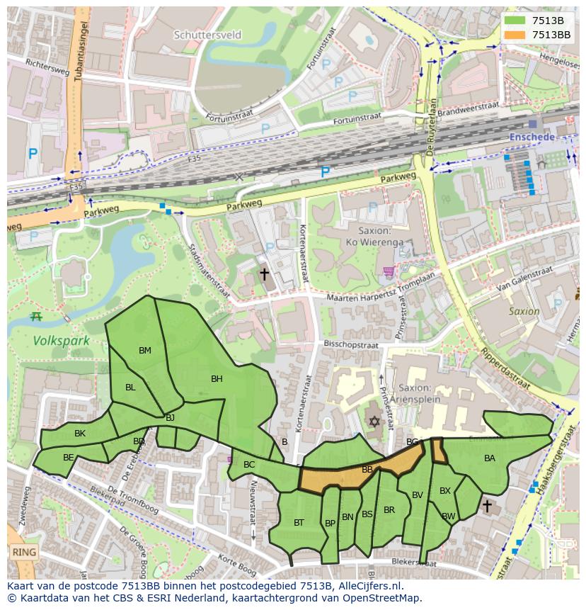 Afbeelding van het postcodegebied 7513 BB op de kaart.