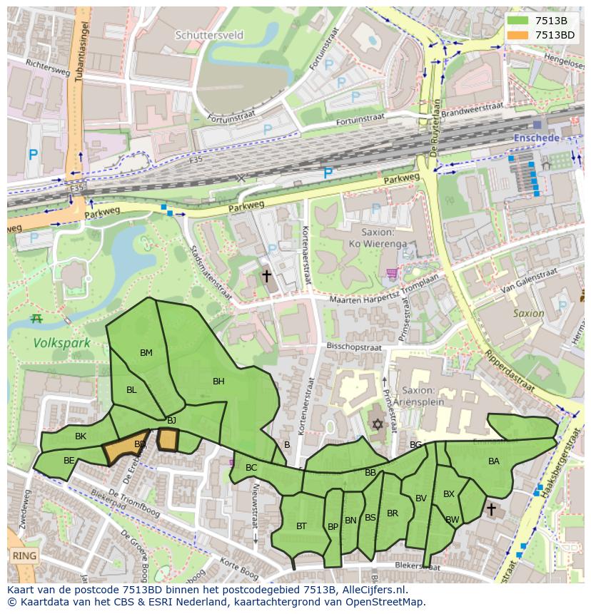 Afbeelding van het postcodegebied 7513 BD op de kaart.