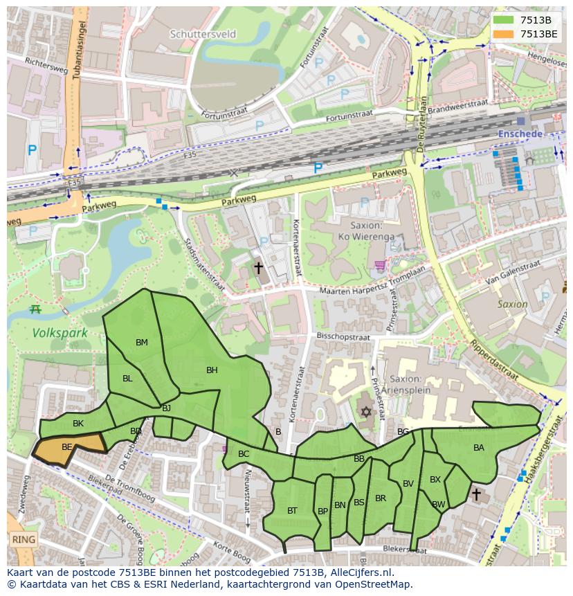 Afbeelding van het postcodegebied 7513 BE op de kaart.