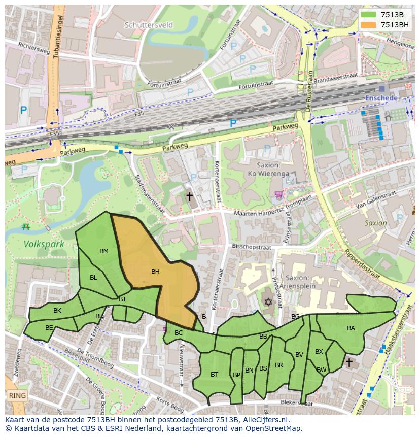 Afbeelding van het postcodegebied 7513 BH op de kaart.