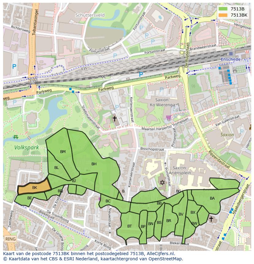 Afbeelding van het postcodegebied 7513 BK op de kaart.