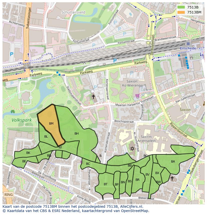 Afbeelding van het postcodegebied 7513 BM op de kaart.