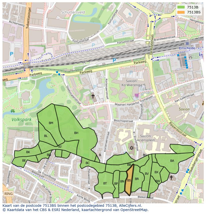Afbeelding van het postcodegebied 7513 BS op de kaart.